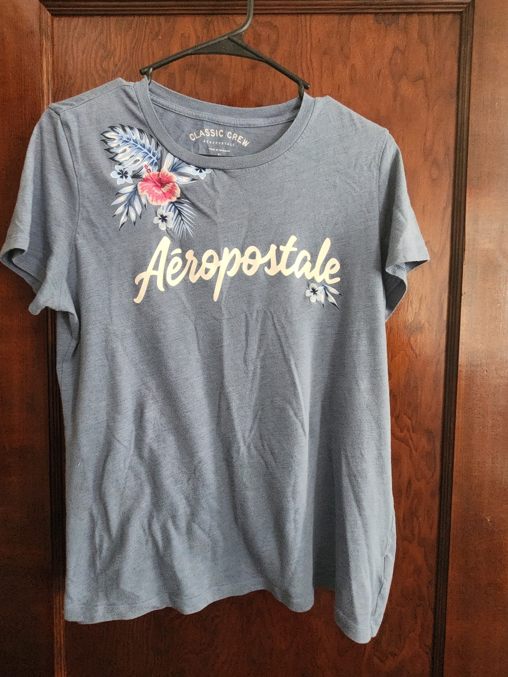 Aeropostale Blue Floral Script Short Sleeve Tee